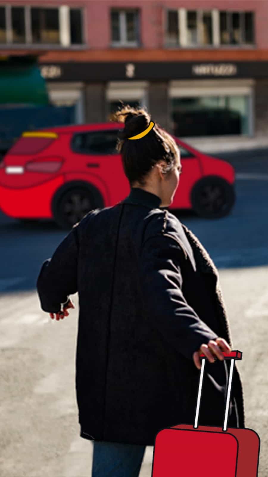 woman holding suitcase walking to taxi