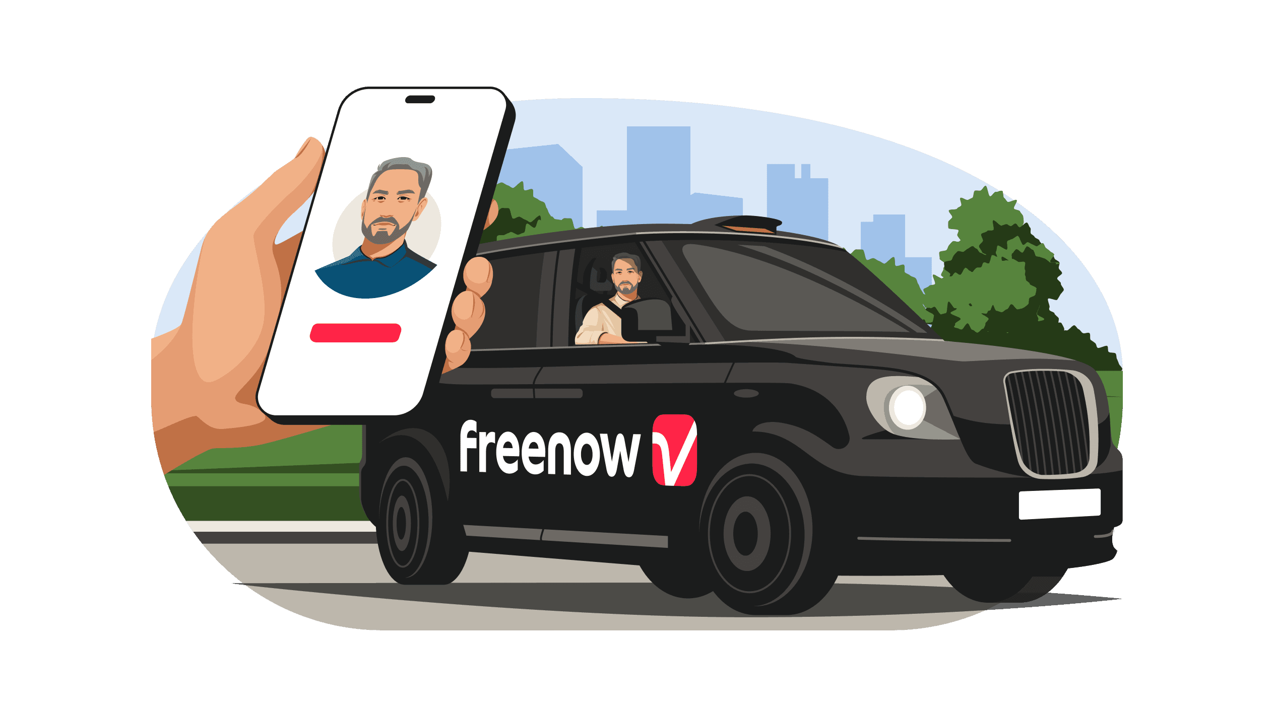 Illustration of black cab with FREENOW advertising