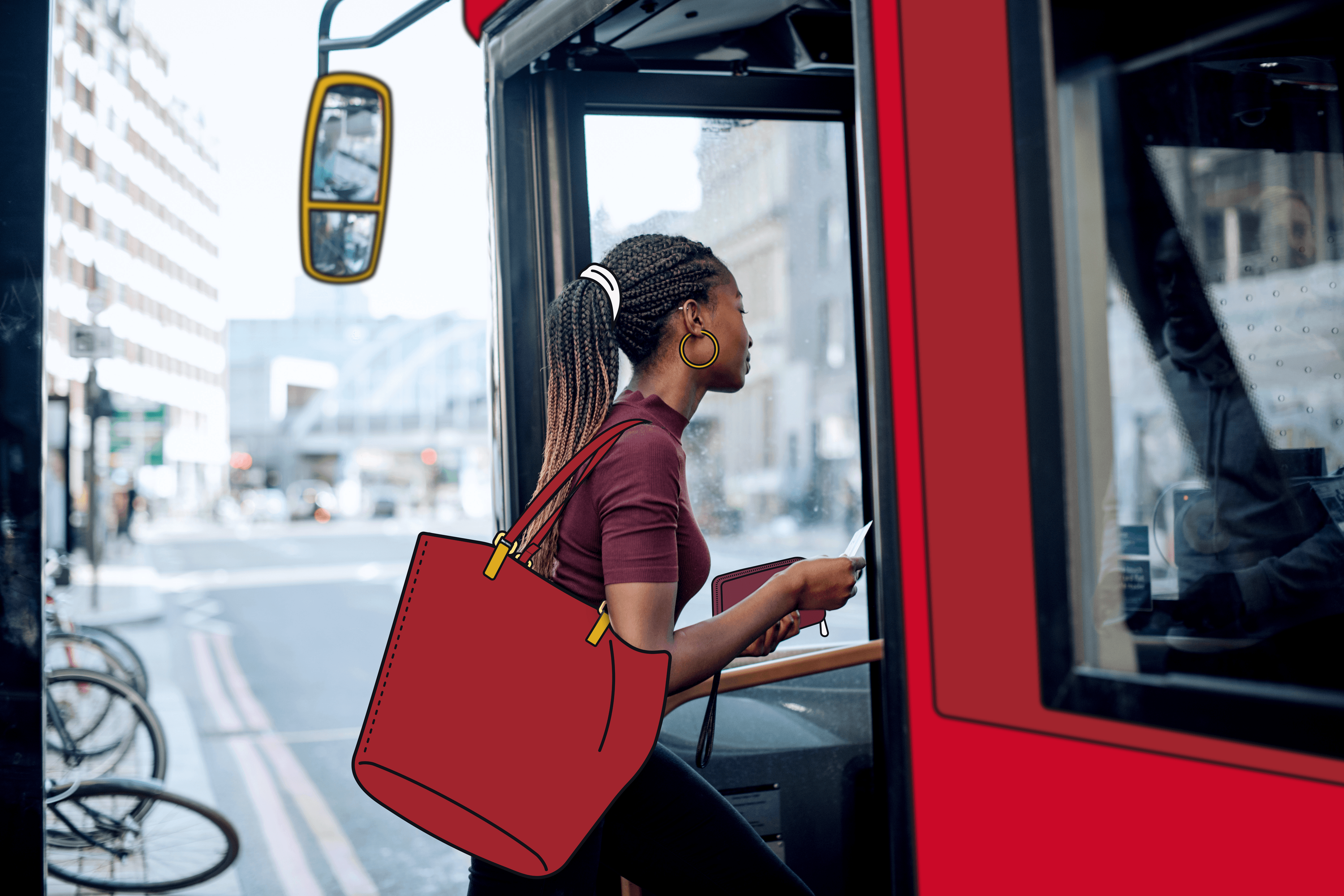 Employee boarding a bus she paid for with her Mobility Budget