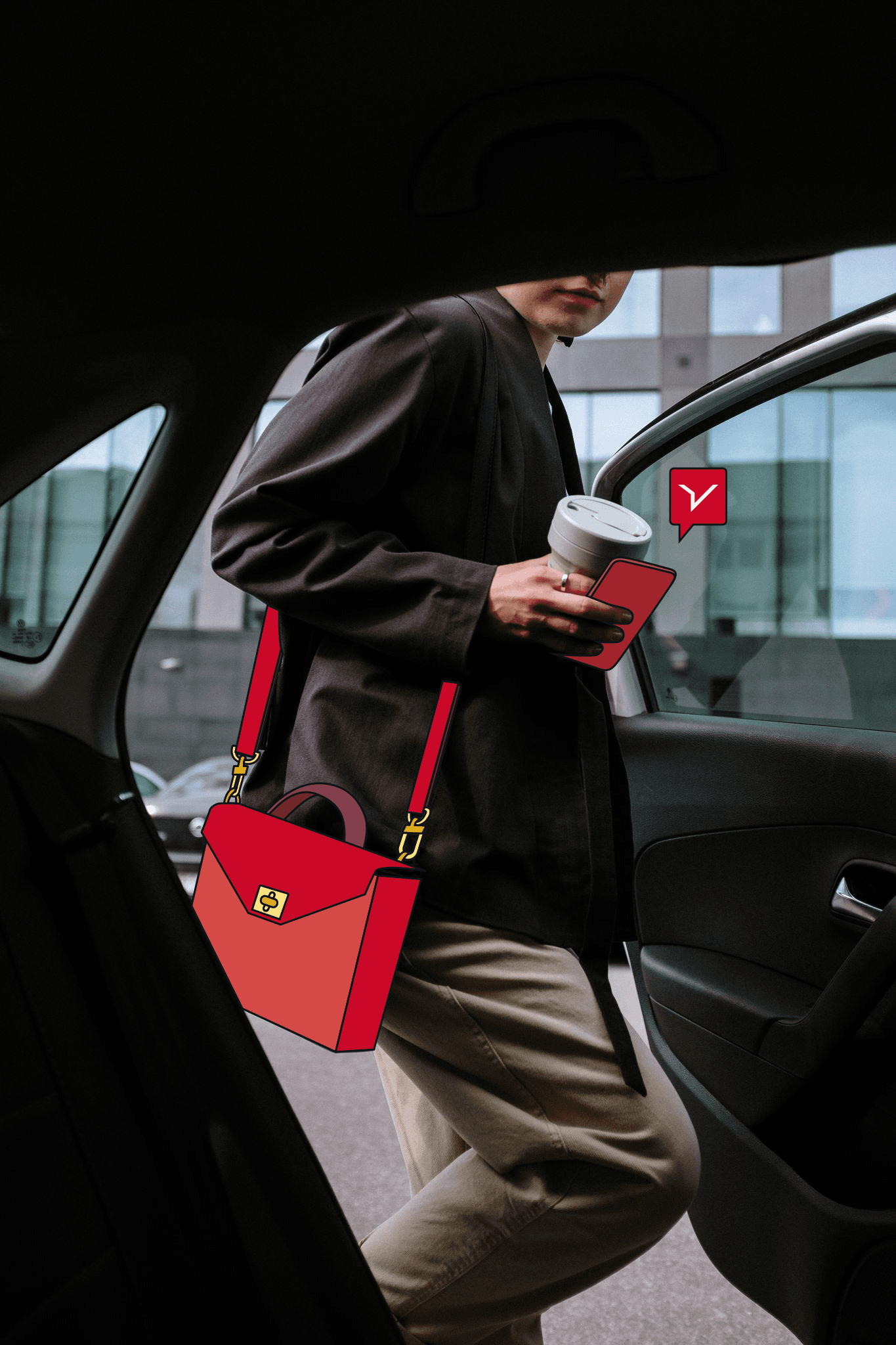 Frau steigt mit Telefon und Kaffee in der Hand in ein Taxi und aus dem Telefon springt das FREENOW-Logo hervor