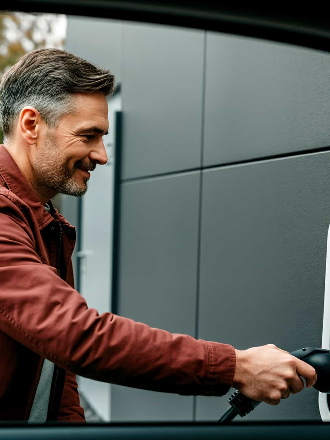 man charging electric vehicle at station