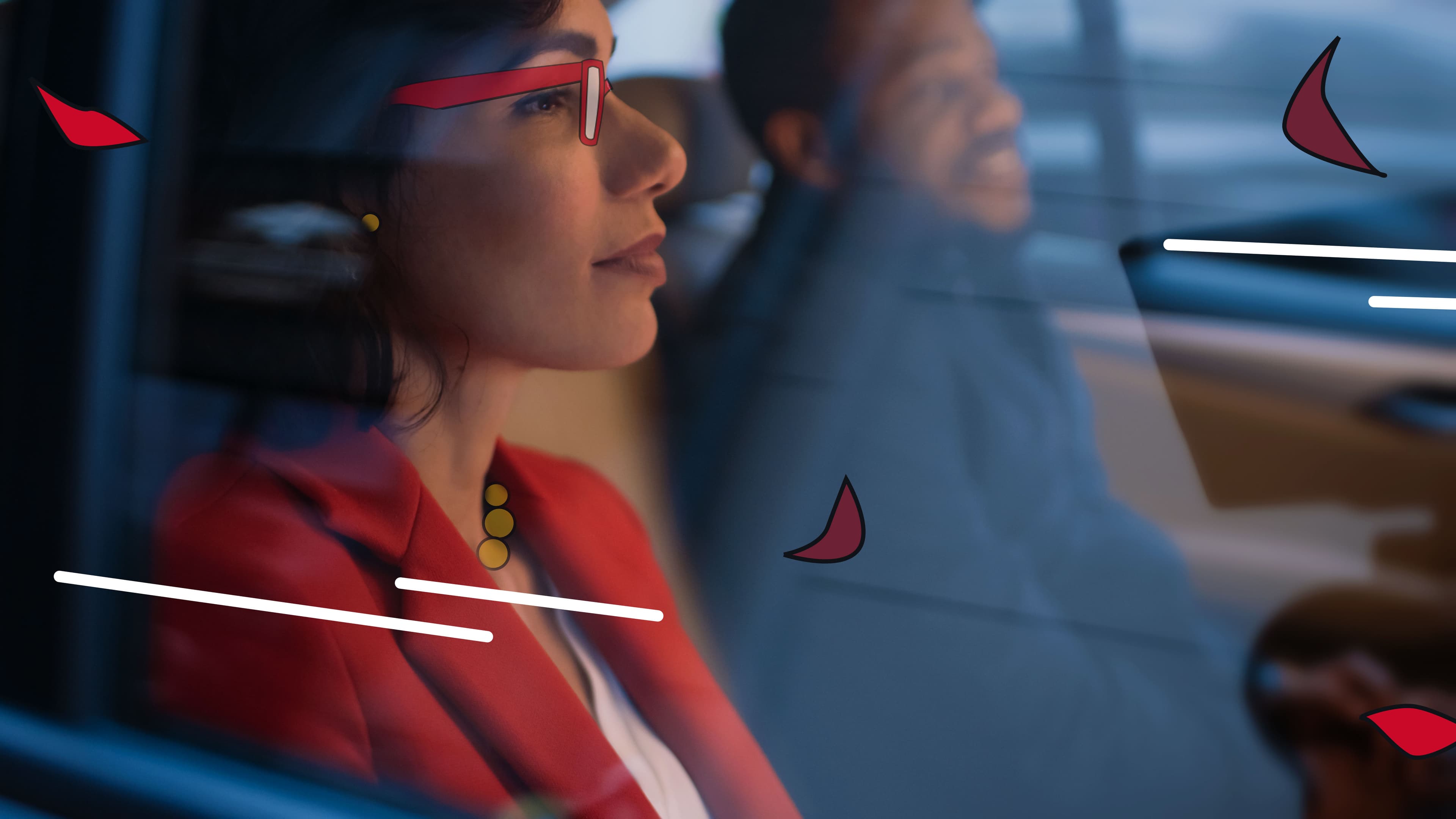 Eine Mitarbeiterin und ihre Familie fahren mit ihrem Mietwagen, den sie mit dem Mobilitätsbudget von FREENOW gemietet haben, in die Stadt hinaus