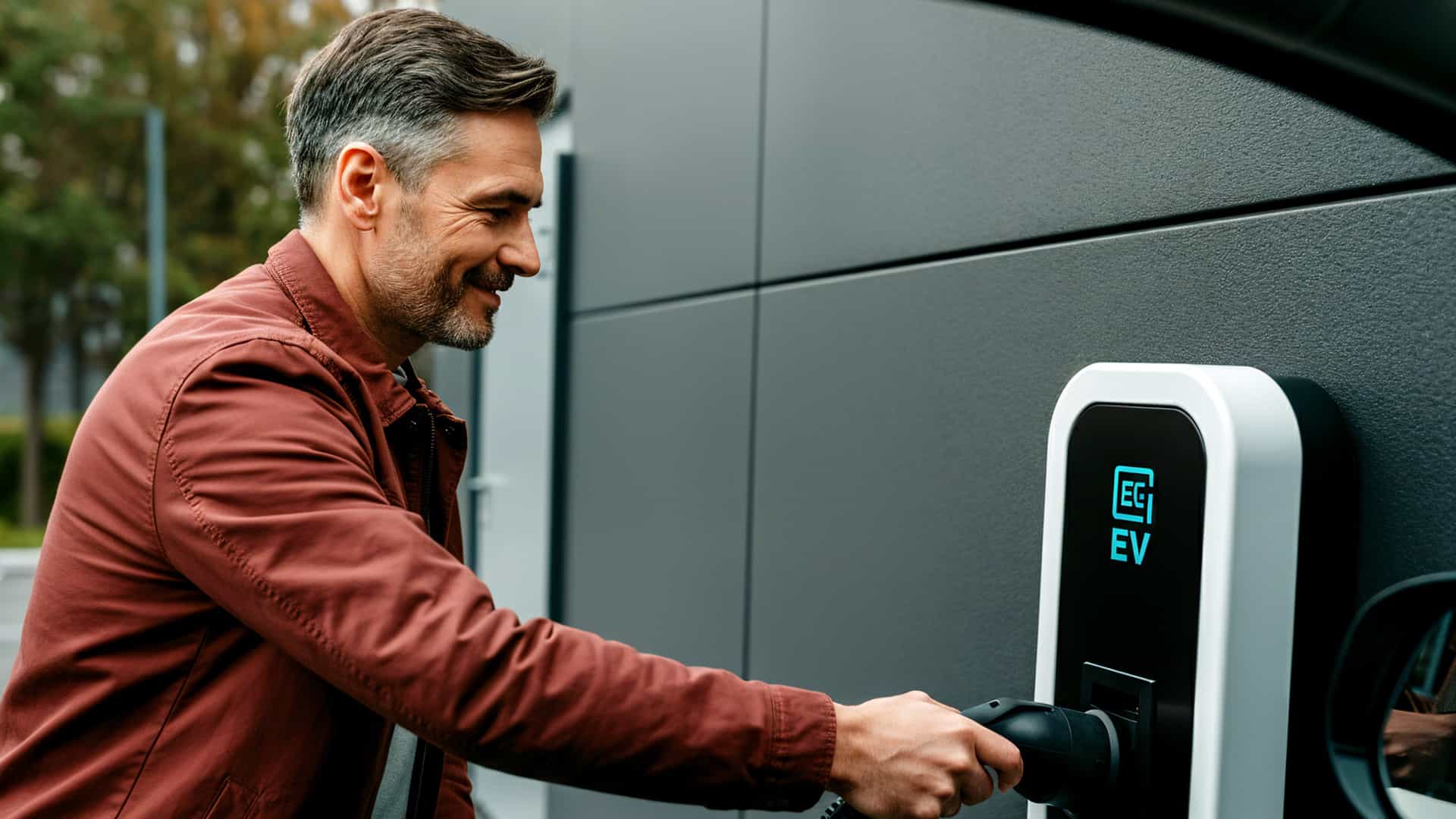 man using EV charging station