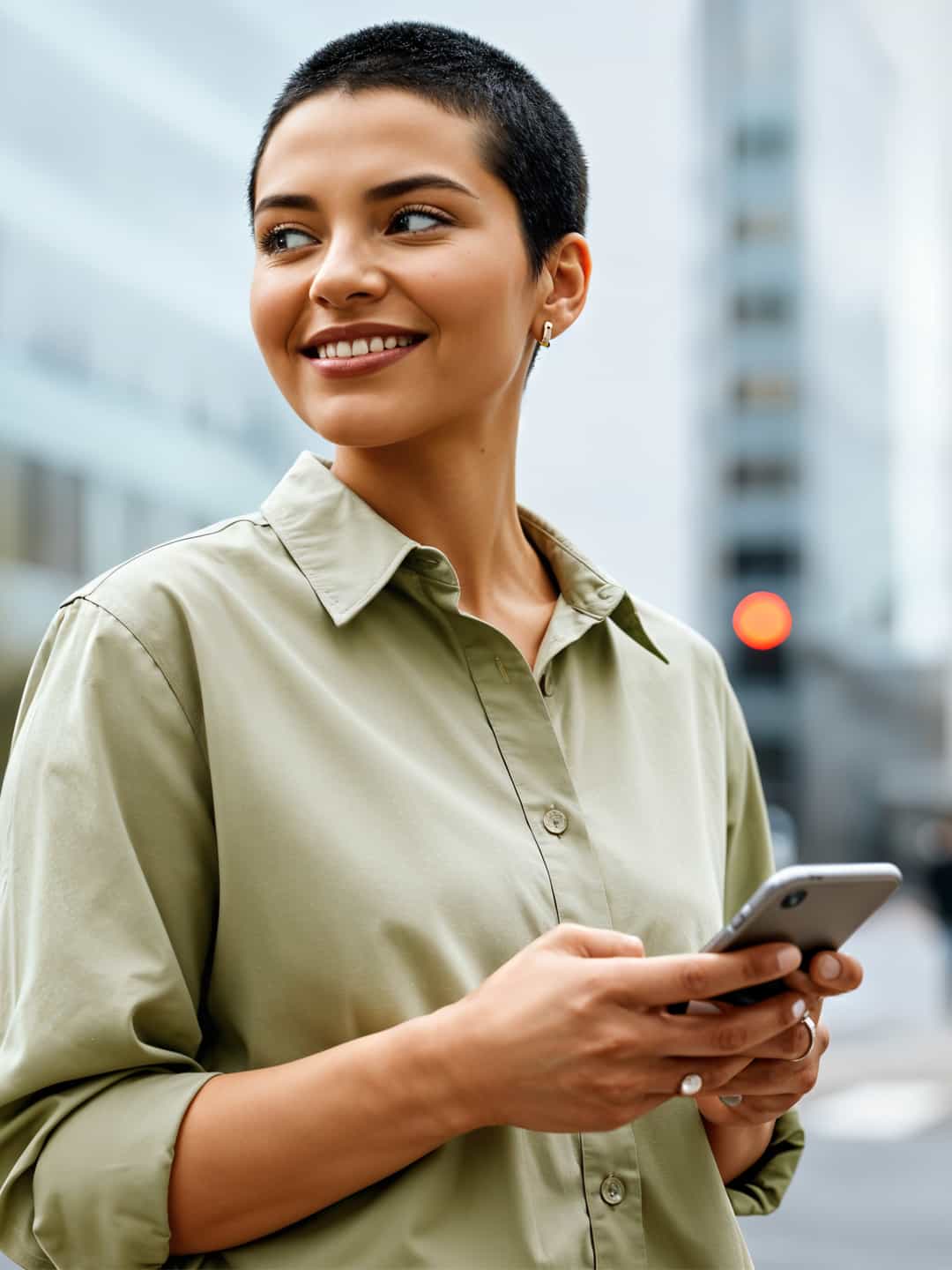 woman on a city street holding phone