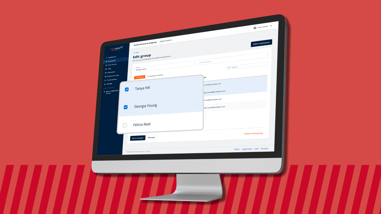Ein Computerbildschirm mit dem FREENOW Admin-Panel für Mitarbeitervorteile, in dem HR-Teams neue Mitarbeiter zu ihrem Mobilitätsbudget einladen können