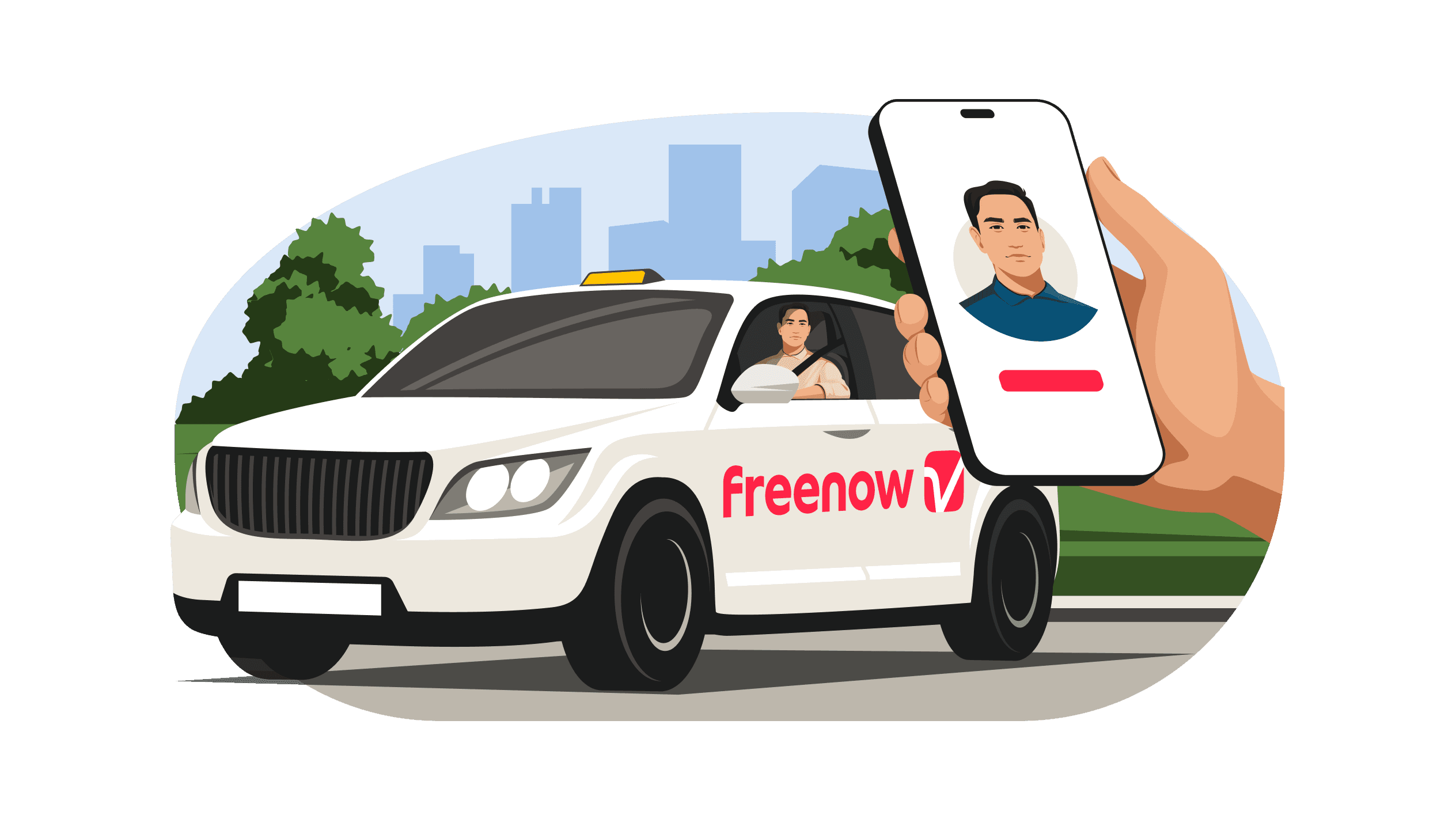 Illustration of a taxi with Freenow advertisement sticker