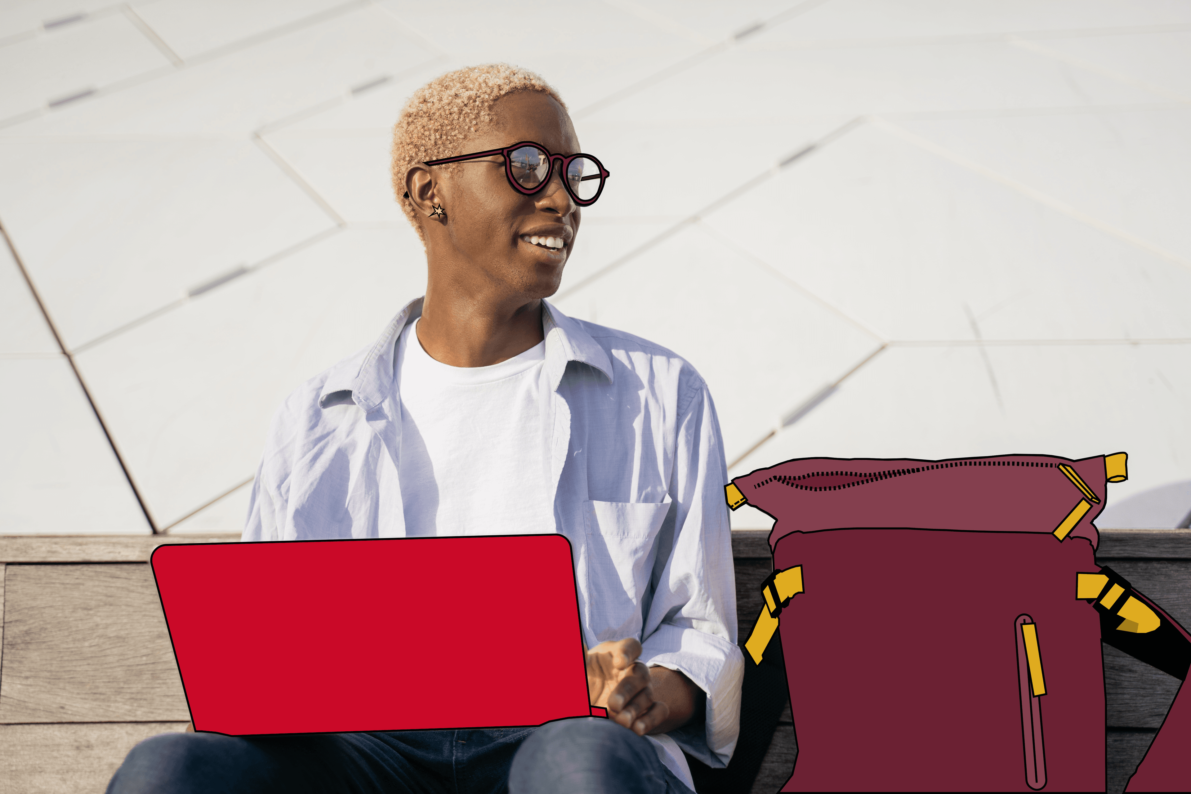 Employee working remotely outside on a laptop