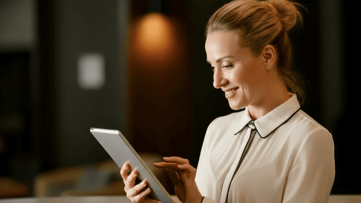 Receptionist booking taxi for guest on a FREENOW web booker on a handheld template.
